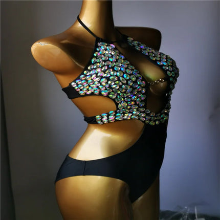 The Venus Vacation Cutout Monokini – Halter High-Waist Rhinestone Showgirl Costume