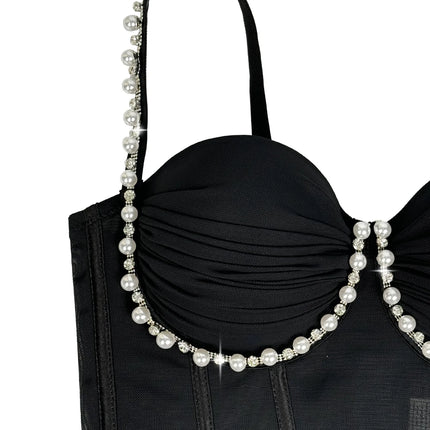 Pearl & Rhinestone Embroidered Bustier Corset Crop Top High Street Bralette