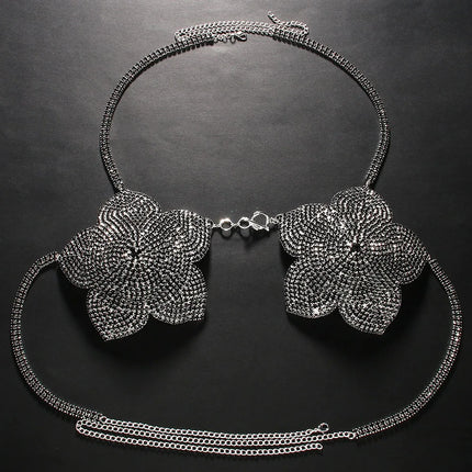 Crystal Flower Bust Chain Bra – Luxury Rhinestone Harness Top & Statement Lingerie for Raves, Festivals & Nightclub Events