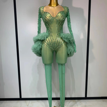 Luxury Green Diamonds Mesh See-Through Long Sleeve Jumpsuit Stage Performance Costume