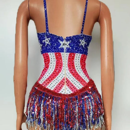 Sparkly Patriotic Rhinestone Sequin Tassel Bodysuit Americana Stage Leotard