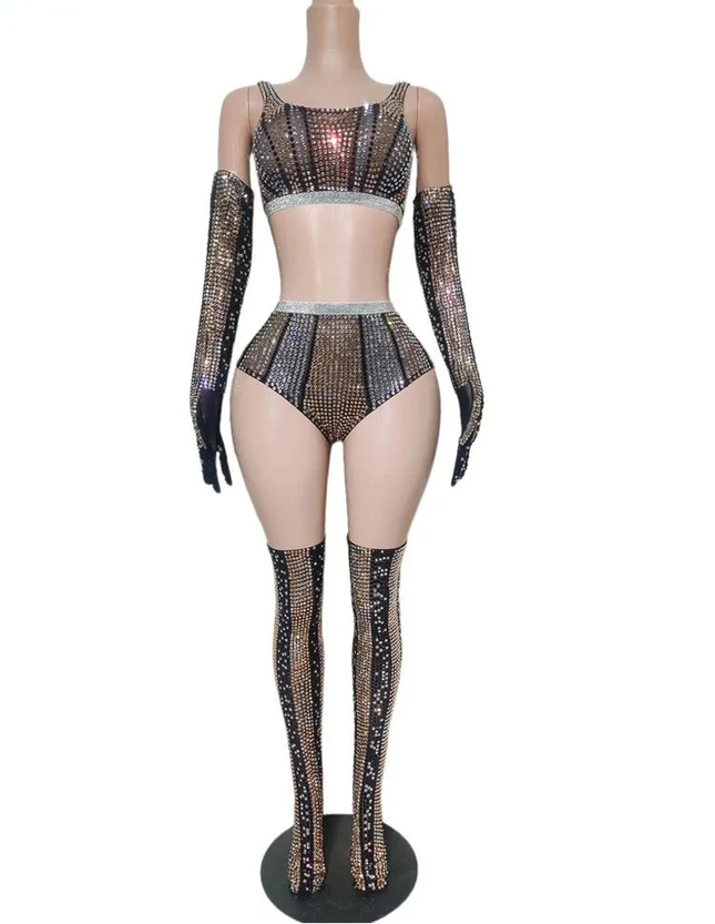 Rhinestone Split Camisole, Triangle Shorts & Accessories Stage Performance Set