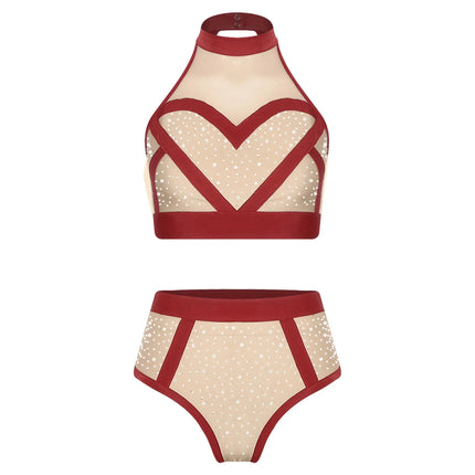 Rhinestone Halter Crop Top & High-Waist Briefs Set Sparkle Two-Piece Dance Set