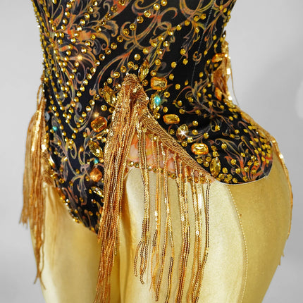 Gold Rhinestone & Tassel Sleeveless Bodysuit Salsa Latin Dance Stage Costume