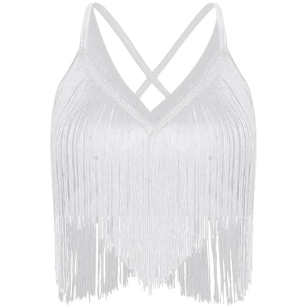 V-Neck Crisscross Back Tassel Fringe Crop Top Latin Salsa Dance Costume