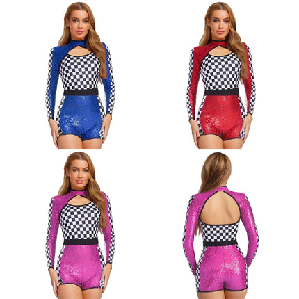 Sequin Checkerboard Car Racing Driver Costume Cutout Long Sleeve Romper Jumpsuit
