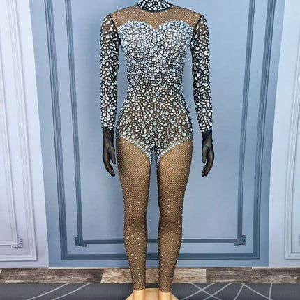 Silver Crystal Black Stocking Jumpsuit Drag Queen Nightclub Performer Catsuit