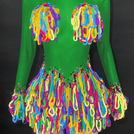 Rainbow Crystal Rhinestone Bodysuit Cascading Fringe Tassel Long-Sleeve Stage Costume