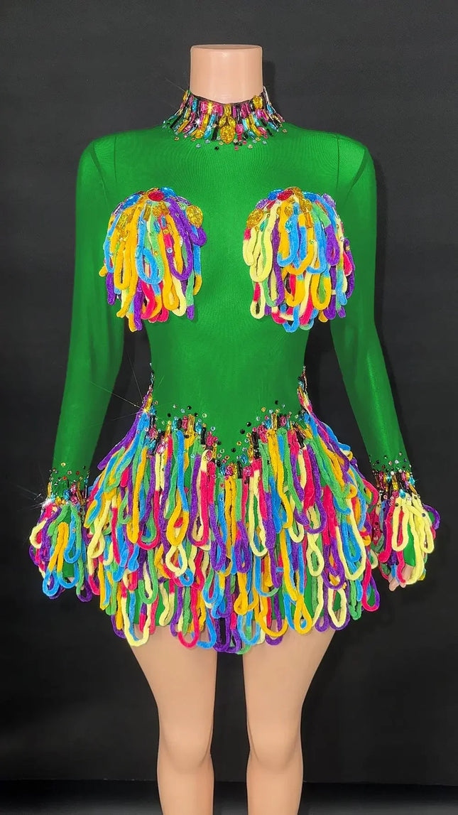 Rainbow Crystal Rhinestone Bodysuit Cascading Fringe Tassel Long-Sleeve Stage Costume