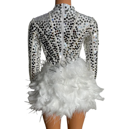 Sparkly Silver Sequin Pearl & White Feather Bodysuit 2-Piece Set Stage Performance Costume