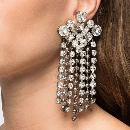 Geometric Crystal Tassel Clip-On Earrings – No-Piercing Statement Dangle Earrings for Brides, Weddings & Gala Events