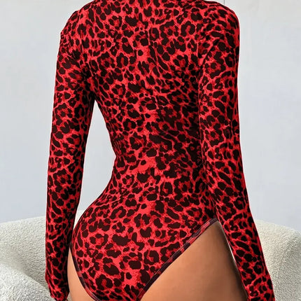 Leopard Print Long-Sleeve Stand Collar Bodysuit Sexy Cutout Stage One-Piece