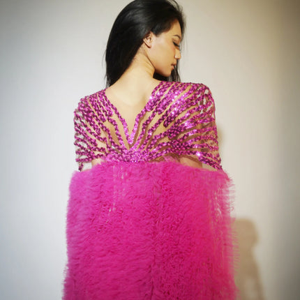 See Through Fuchsia Pink Evening Gown Long Tail Showgirl Stage Ball Dress