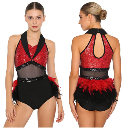 Women's Shiny Sequin Sheer Mesh Feather Latin Jazz Dance Bodysuit