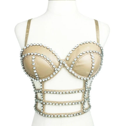 Gothic Studded Faux Leather Bustier Top Cage Strap Party Bralette