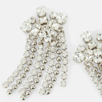 Geometric Crystal Tassel Clip-On Earrings – No-Piercing Statement Dangle Earrings for Brides, Weddings & Gala Events