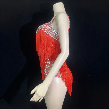 Custom Fringe Rhinestone Bodysuit & Stage Performance Dance Costume