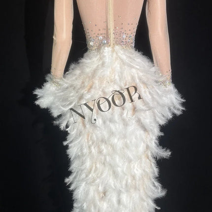 Sparkly White Rhinestone & Feather Sheer Mesh Long Evening Gown Stage Costume