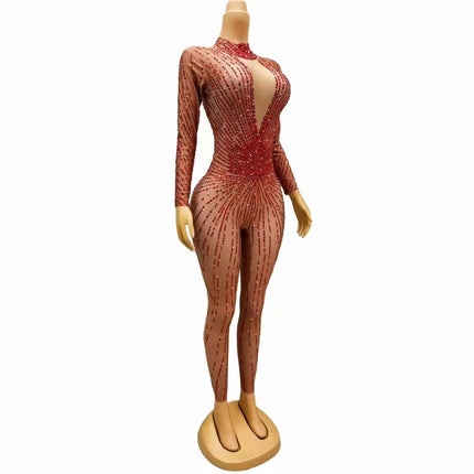 Crimson Red Rhinestone Catsuit Long Sleeve Illusion Stage Performance Jumpsuit