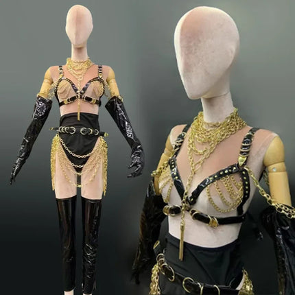 The Stardust Gilded Vixen – Black & Gold Chain Performance Suit