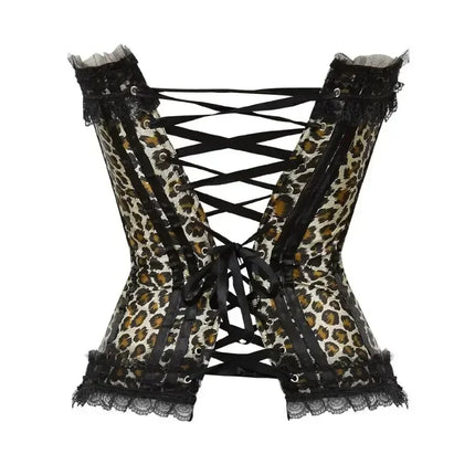 Leopard Satin Overbust Corset Lace Bowknot Clubwear Showgirl Body Shaper