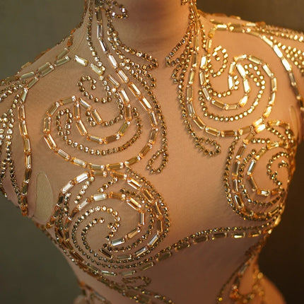 Gold Sparkly Rhinestone Sheer Mesh Bodysuit Stage Performance Costume