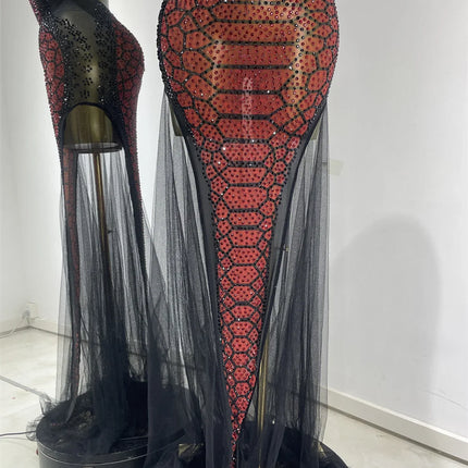 Claret Red Snakeskin Rhinestone Halter Gown Backless Mesh Illusion Evening Maxi Dress