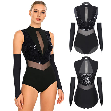 Sparkly Sequin Mock Neck Dance Leotard & Gloves Two-Piece Bodysuit Set