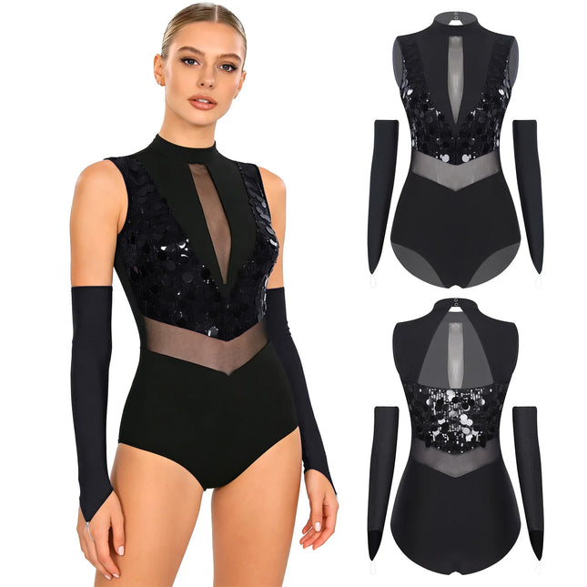 Sparkly Sequin Mock Neck Dance Leotard & Gloves Two-Piece Bodysuit Set