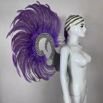 Showgirl Feather Wing Backpiece with Rhinestone Scroll Frames