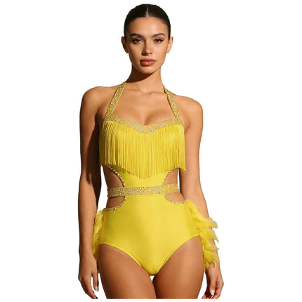 Glittery Rhinestone & Faux Feather Latin Dance Leotard Halter Bodysuit