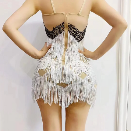 White Pearl Rhinestone Fringe Mini Dress Spaghetti Strap Cocktail Stage Costume