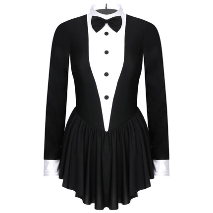 Tuxedo Bowknot Long Sleeve Ruffle Leotard Dress Magician Costume