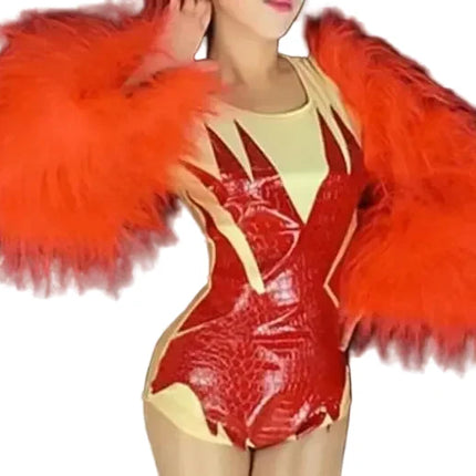 Sultry Red Feather Showgirl Bodysuit & Stage Costume Set