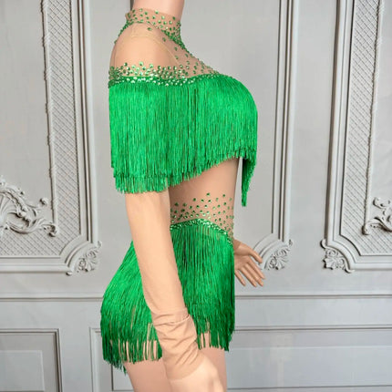 Sparkly Rhinestone Tassel Fringe Dance Performance Costume Stage Bodysuit