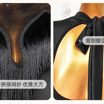 Black Open-Back Leotard & Leopard Print Fringe Skirt Latin Dance Costume Set