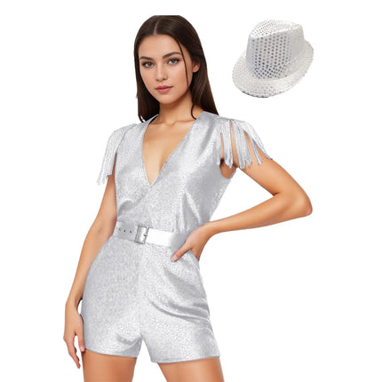 Sequin Tassel Romper, Adjustable Belt & Matching Hat Stage Dance Costume Set