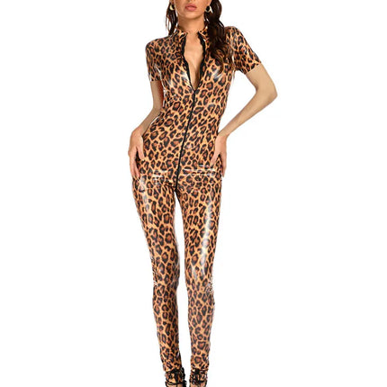 Leopard Print Open Crotch Wet-Look Faux Leather Jumpsuit Stage Cat-Suit Costume