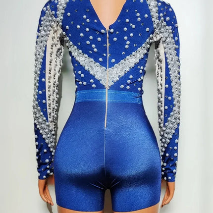 Royal Blue Pearl & Rhinestone Long Sleeve Romper Belted Stage Dance Costume
