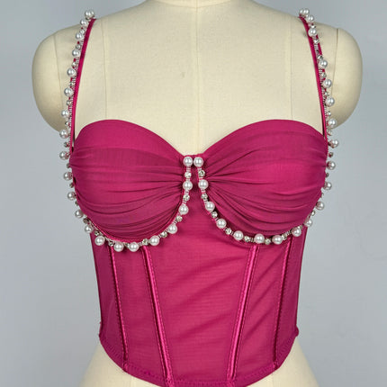 Pearl & Rhinestone Embroidered Bustier Corset Crop Top High Street Bralette