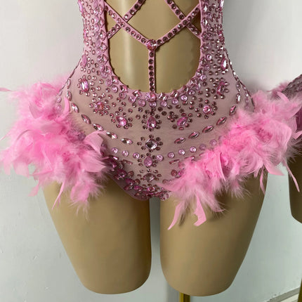 The Stardust Follies Feather Bodysuit – Luxury Rhinestone & Mesh Showgirl Costume