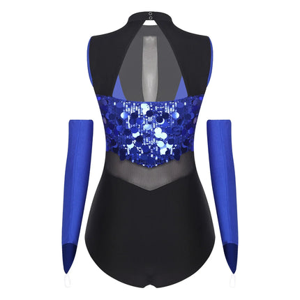 Sparkly Sequin Mock Neck Dance Leotard & Gloves Two-Piece Bodysuit Set