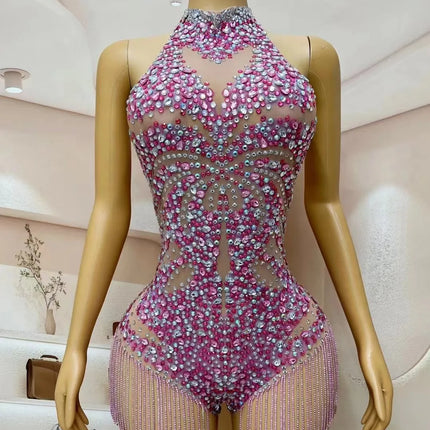 Sparkly Pink Rhinestone & Chain Backless Bodysuit Stage Costume