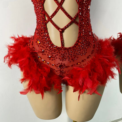 The Stardust Follies Feather Bodysuit – Luxury Rhinestone & Mesh Showgirl Costume