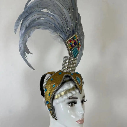 The Stardust Dionysia – Silver & Charcoal Feather Carnival & Masque Ball Headdress