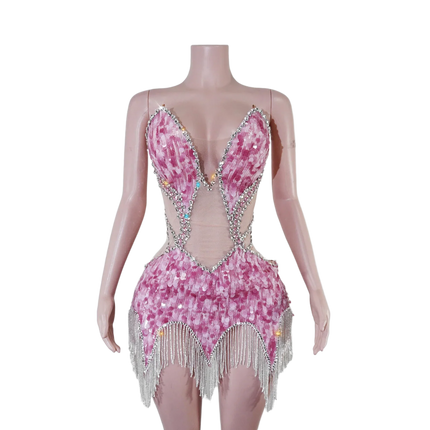 Sequin Beaded Tassels Mini Dress Crystals Mesh Bodycon Stage Performance Outfit