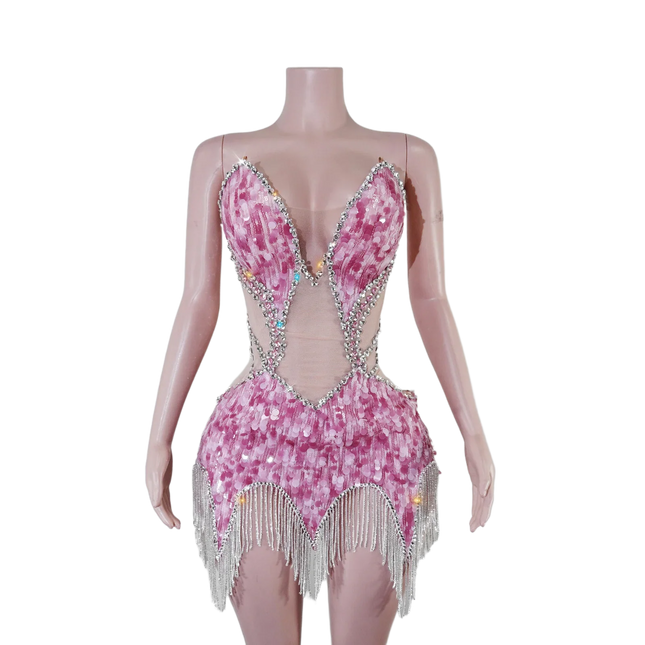 Sequin Beaded Tassels Mini Dress Crystals Mesh Bodycon Stage Performance Outfit