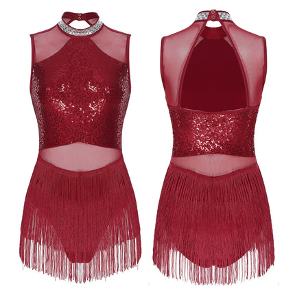 Women Sequins Diamond Latin Jazz Dance Costume Sleeveless Cutout Back Flowy Tassel Dress Leotard Tango Cha-Cha Samba Dancewear