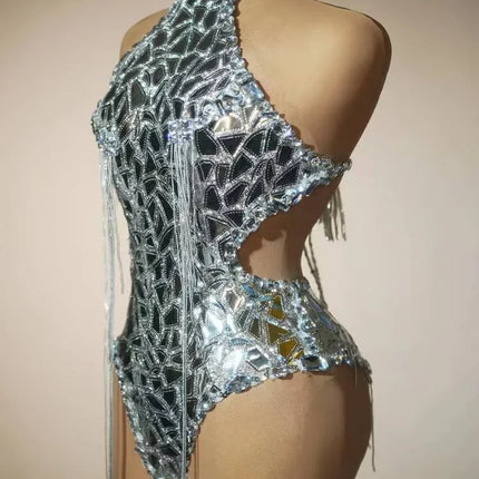 Silver Mirror Asymmetrical Bodysuit, Sculpted Captain Hat & Puffer Bolero Coat 3-Piece Stage Costume Set