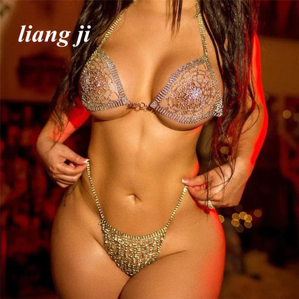 Dazzling Grid-Pattern Crystal Bikini Bra Chain & Tassel Skirt Set